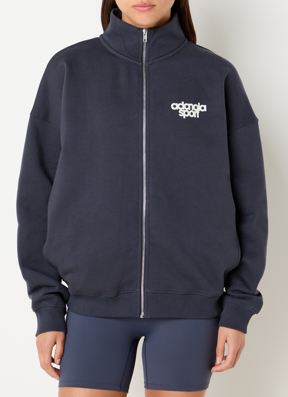 Adanola Sweatvest met logoprint en opstaande kraag - detail 4 donkerblauw