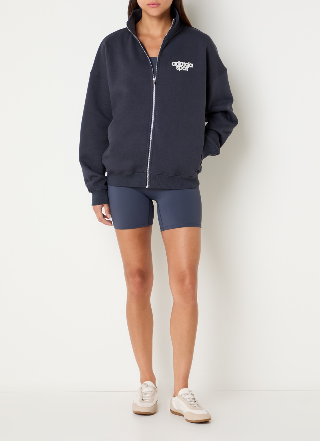 Adanola Sweatvest met logoprint en opstaande kraag - voorkant 3 donkerblauw