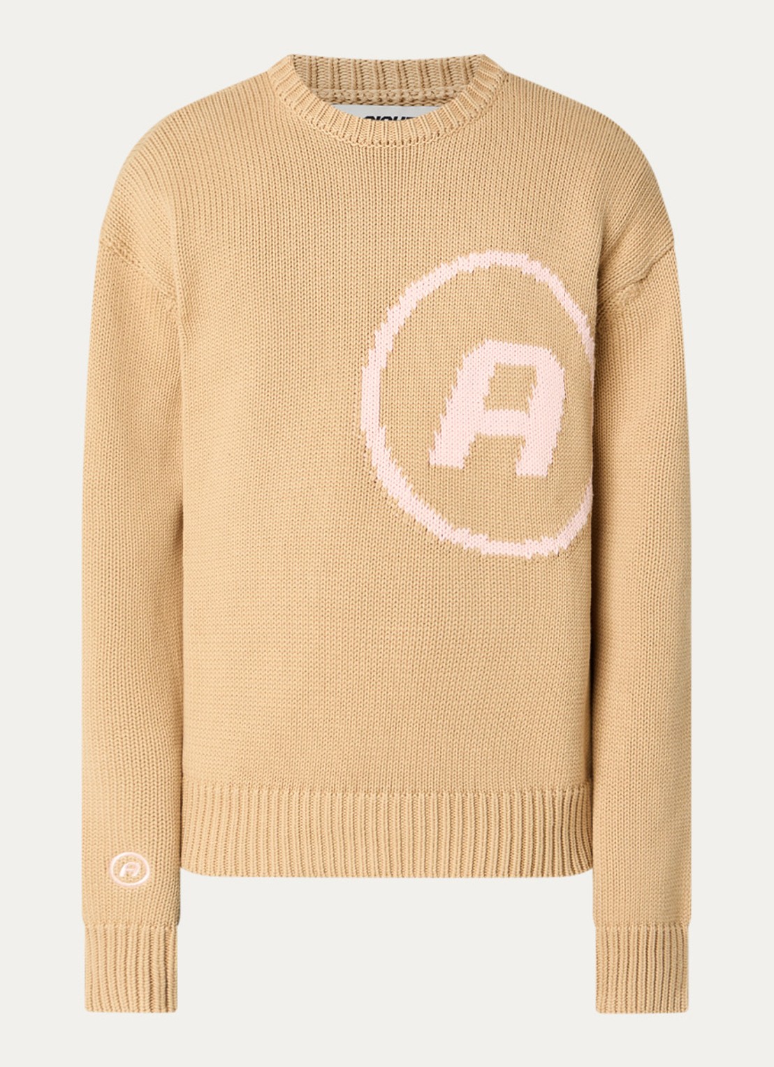 Aiche Grofgebreide trui met logo - voorkant beige