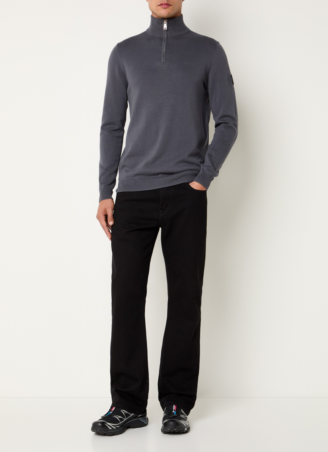 Airforce Fijngebreide pullover met halve rits en logo - voorkant 3 donkergrijs
