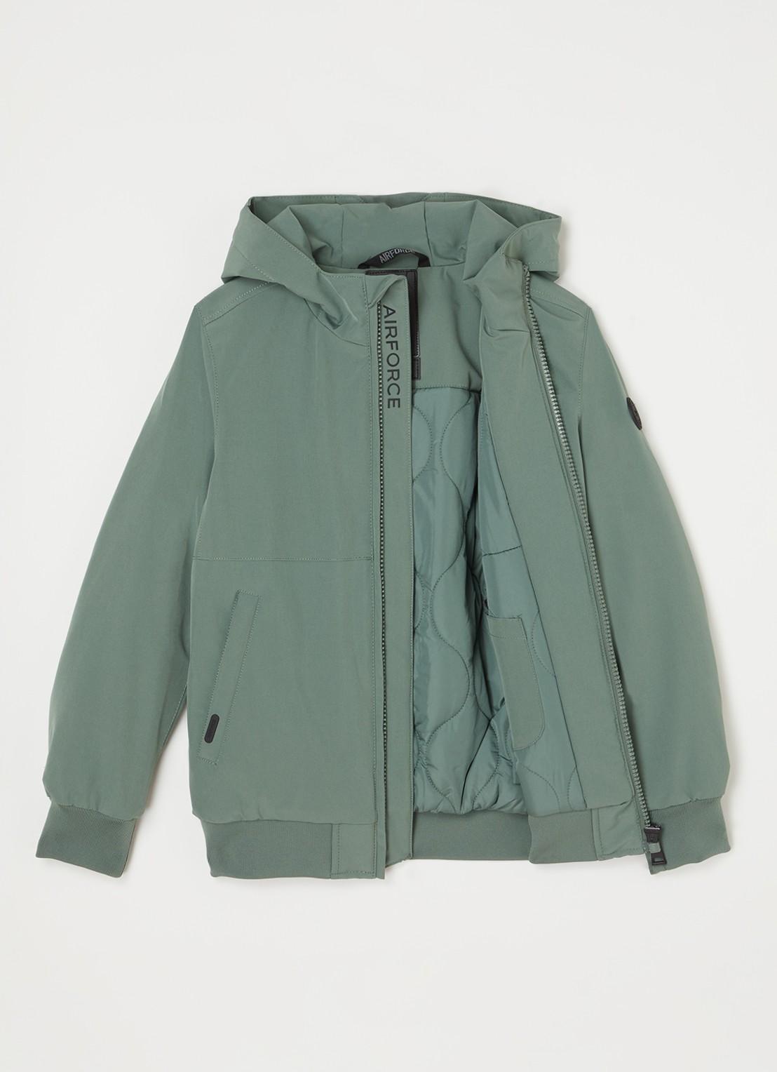 Airforce Gewatteerd bomberjack van softshell met capuchon - voorkant 2 lindegroen