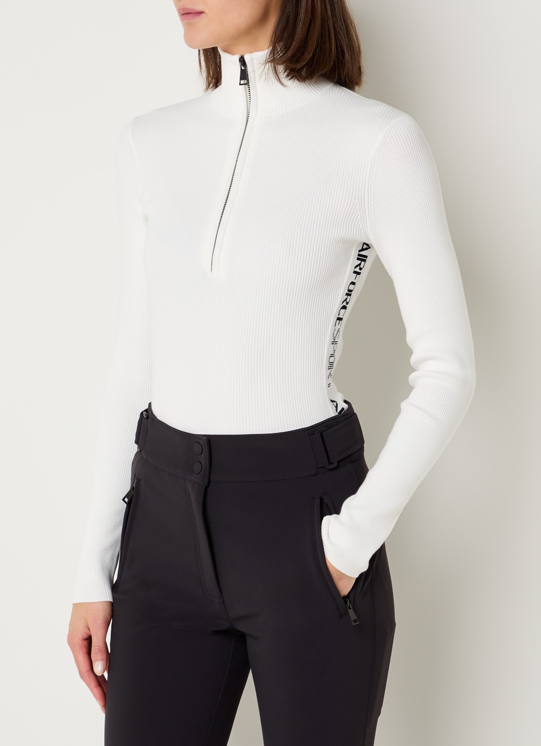 Airforce Ruby ribgebreide skipully met halve rits - detail wit