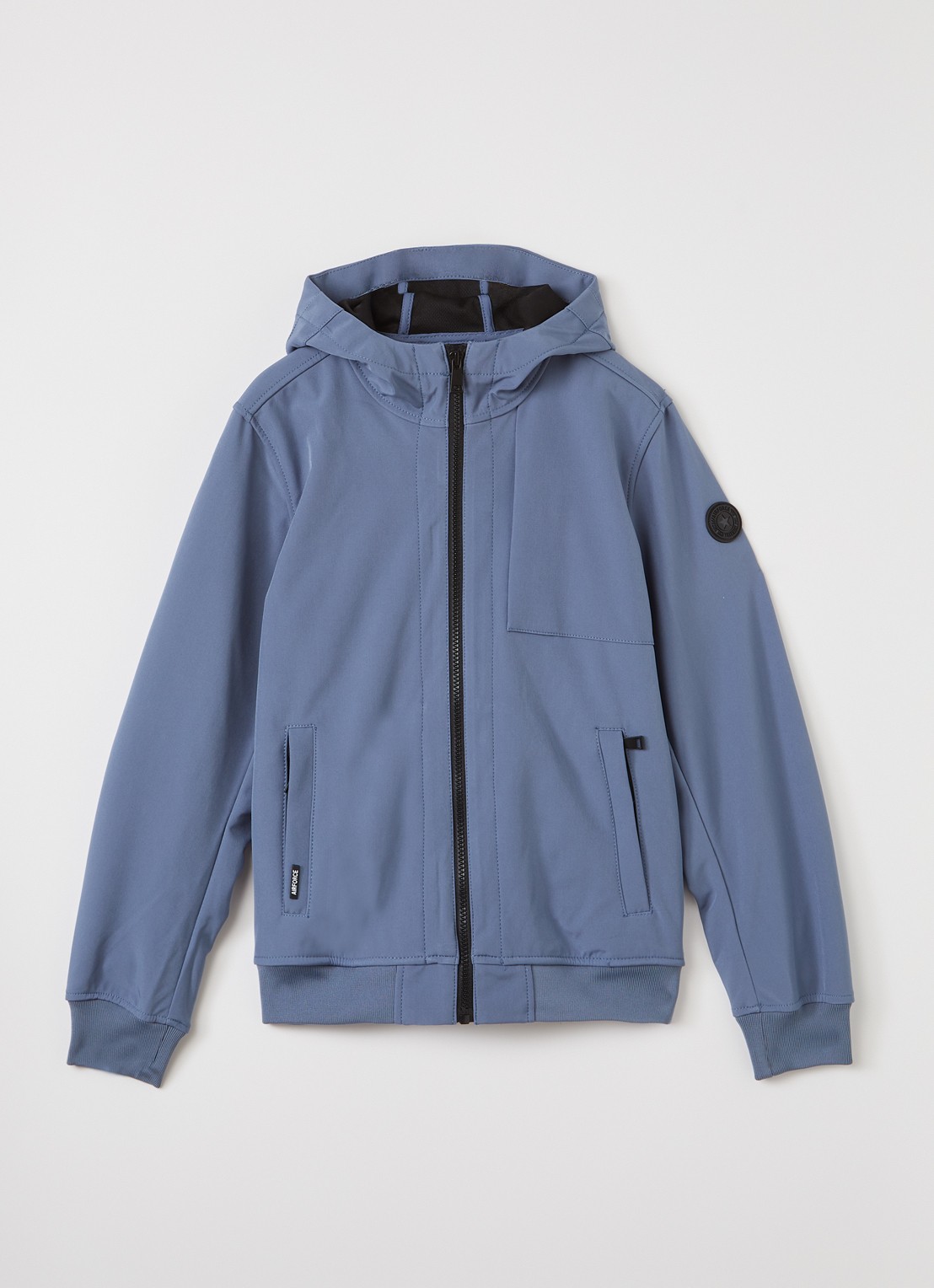 Airforce Softshell jack met ritszakken en capuchon - voorkant 3 staalblauw