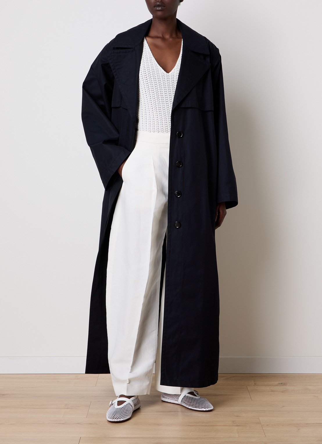Alaïa Trenchcoat met strikceintuur - voorkant 6 donkerblauw