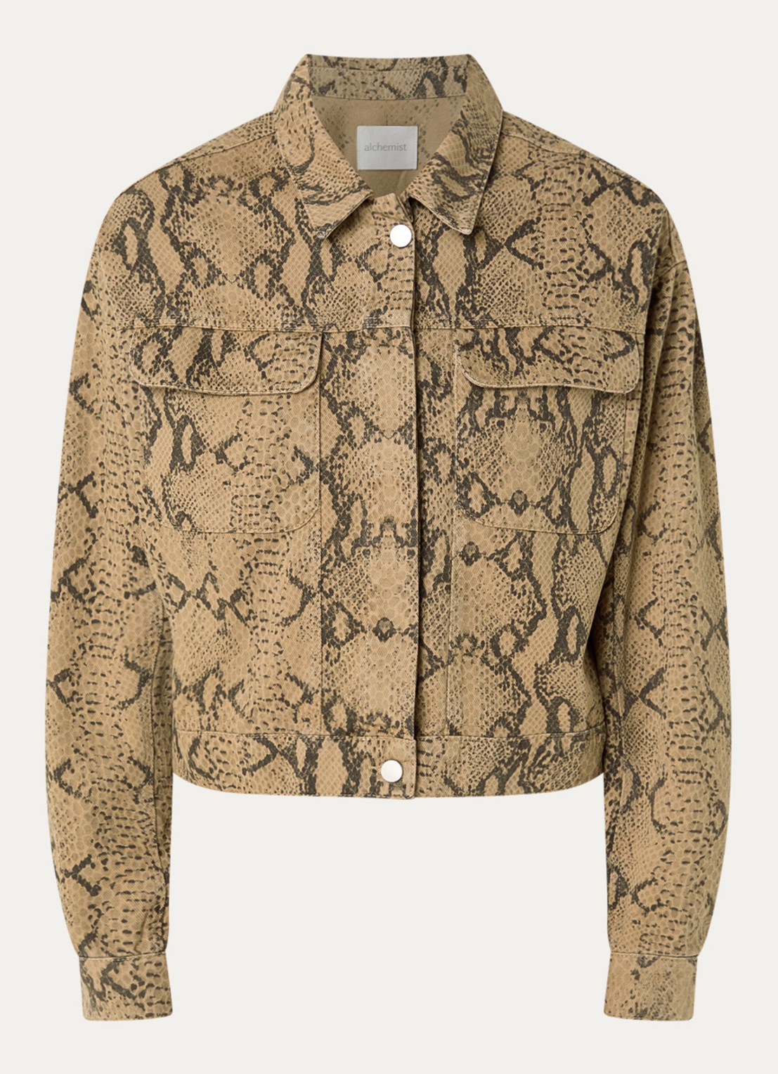 alchemist Frederiek spijkerjas met borstzakken en slangenprint - voorkant 3 khaki