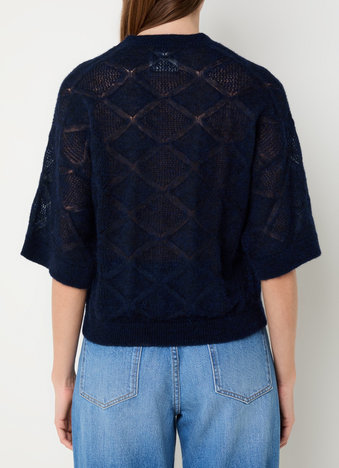 alchemist Pepper grofgebreide pullover met opengewerkt dessin - achterkant 3 donkerblauw