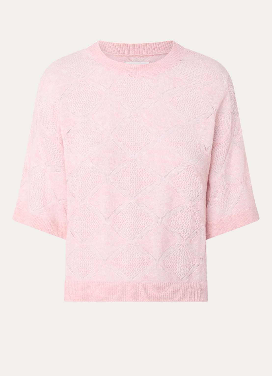 alchemist Pepper grofgebreide pullover met opengewerkt dessin - voorkant lichtroze