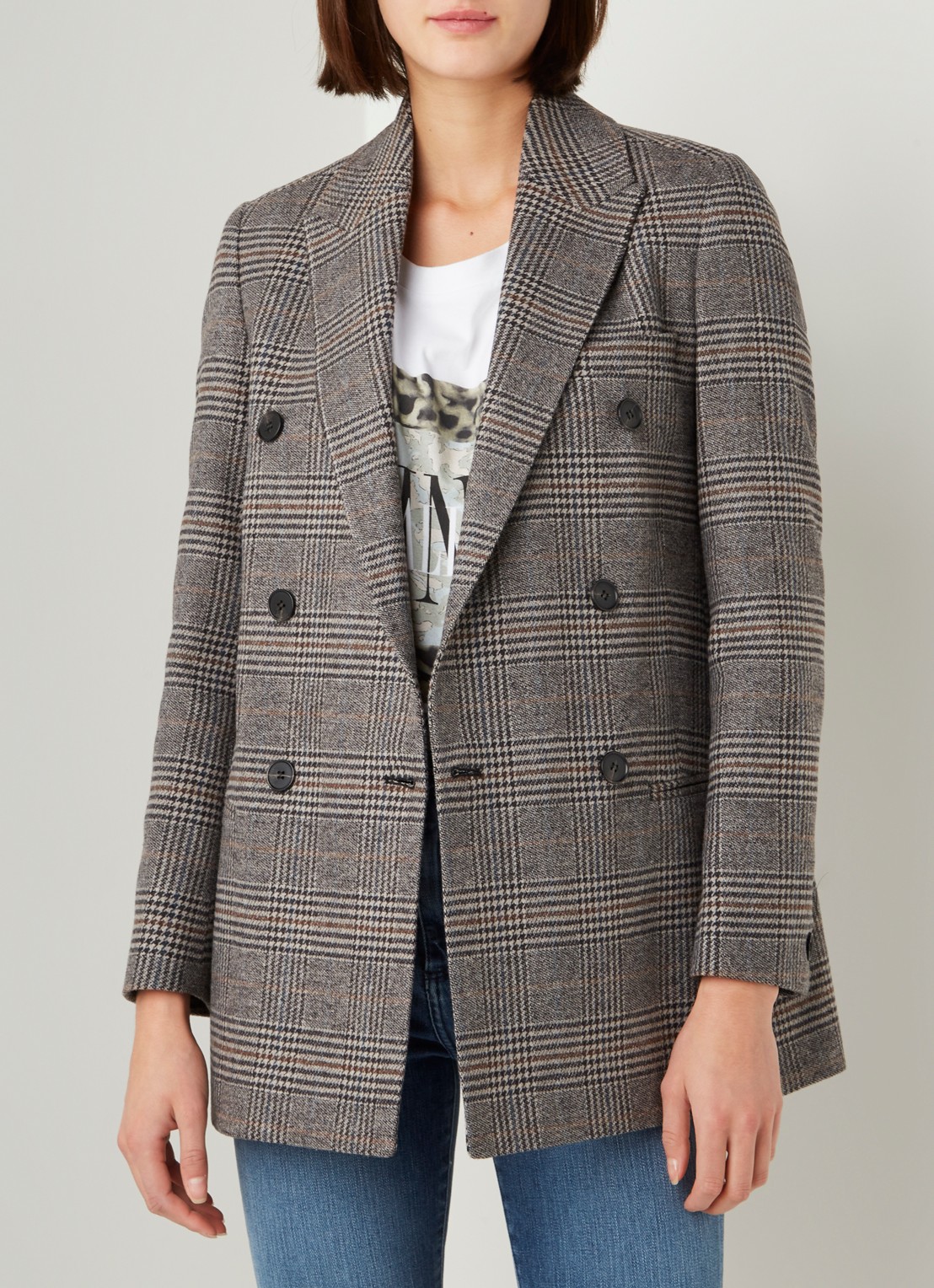 ALLSAINTS Astrid double-breasted blazer in wolblend met ruitdessin - detail 4 grijs