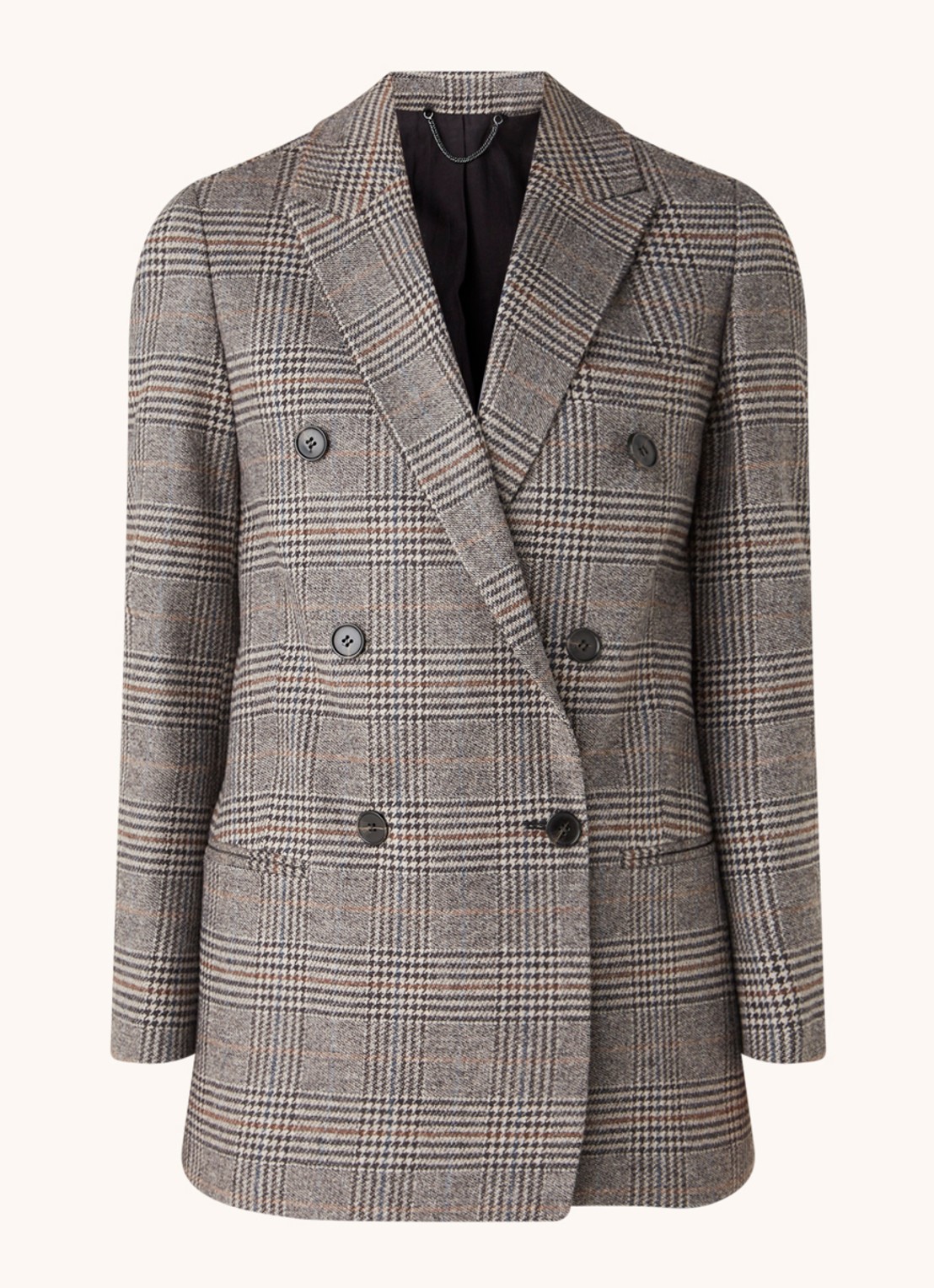 ALLSAINTS Astrid double-breasted blazer in wolblend met ruitdessin - voorkant grijs