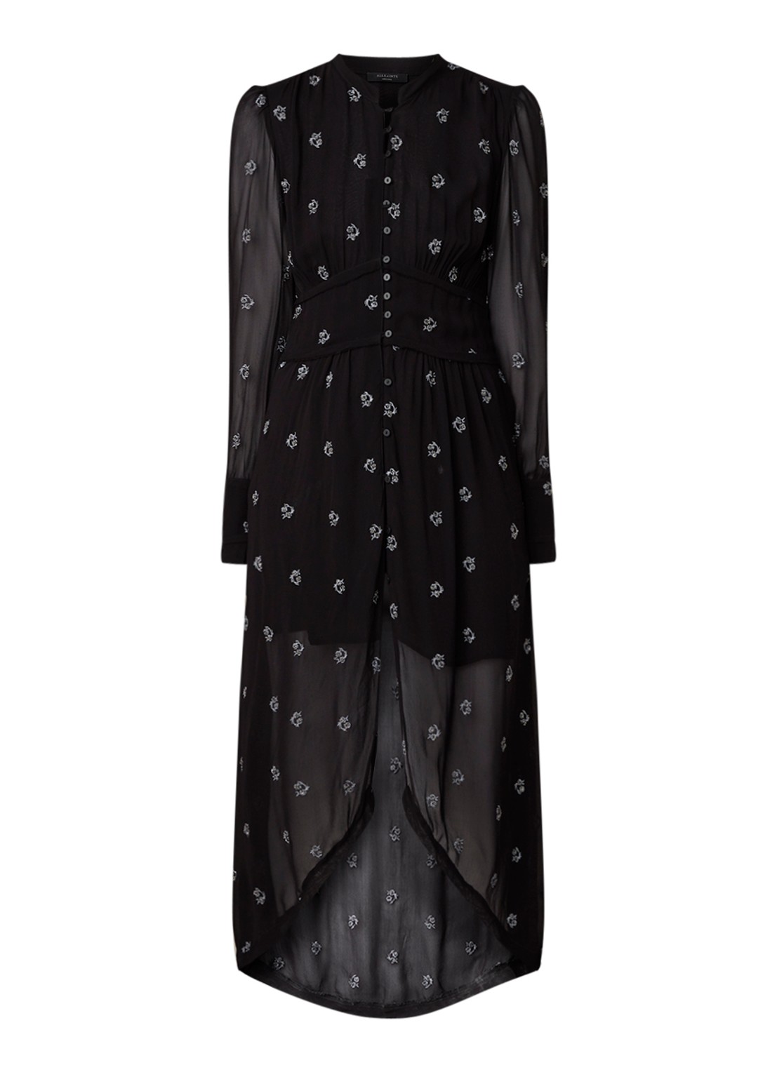 ALLSAINTS Liza semi-transparante maxi-jurk met borduring en onderjurk - voorkant zwart