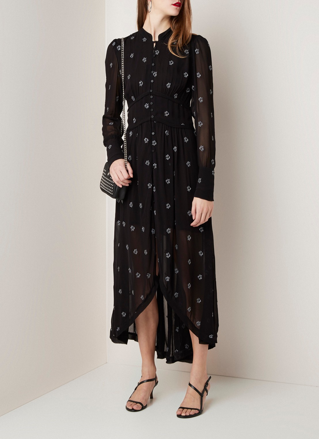 ALLSAINTS Liza semi-transparante maxi-jurk met borduring en onderjurk - voorkant 2 zwart