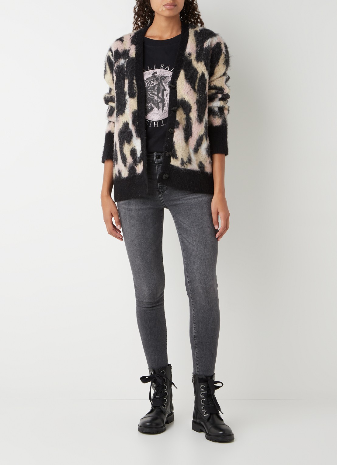 ALLSAINTS Lunar grofgebreid vest in alpaca wolblend met panterprint - voorkant 2 zwart