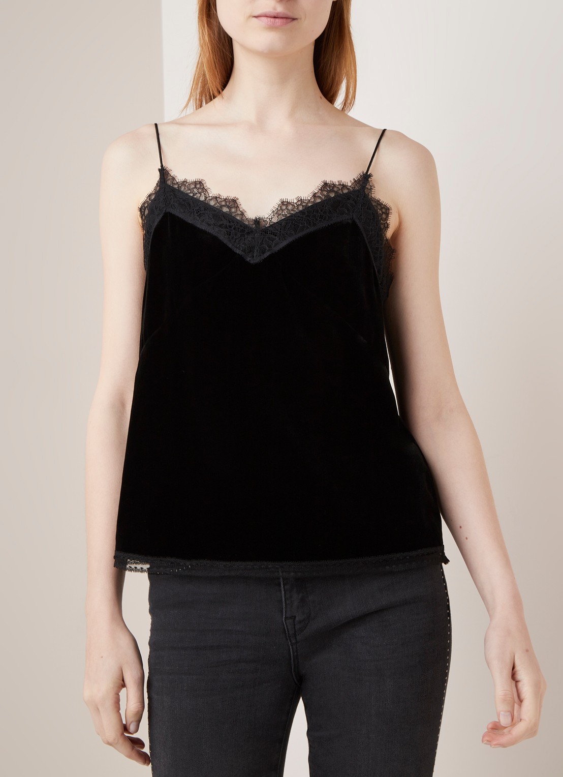 ALLSAINTS Noa spaghettitop van fluweel met kant - detail 2 zwart