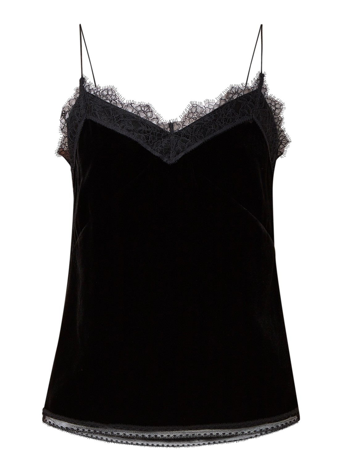 ALLSAINTS Noa spaghettitop van fluweel met kant - voorkant 3 zwart