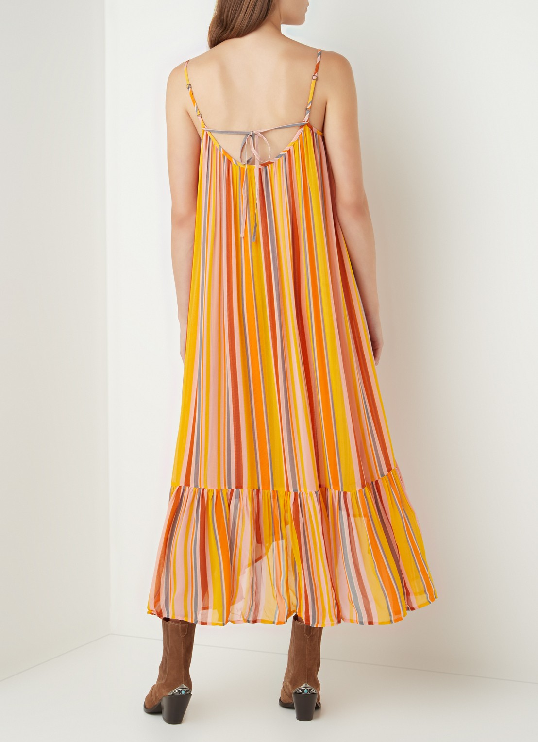 ALLSAINTS Paola maxi jurk met spaghetti bandjes en streepprint - achterkant orange