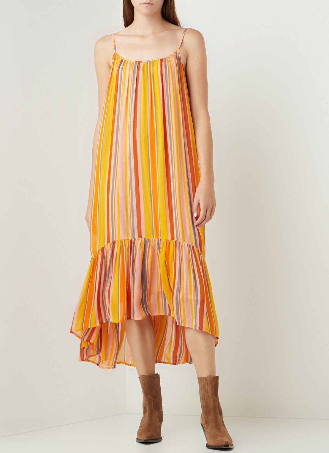 ALLSAINTS Paola maxi jurk met spaghetti bandjes en streepprint - detail 4 orange