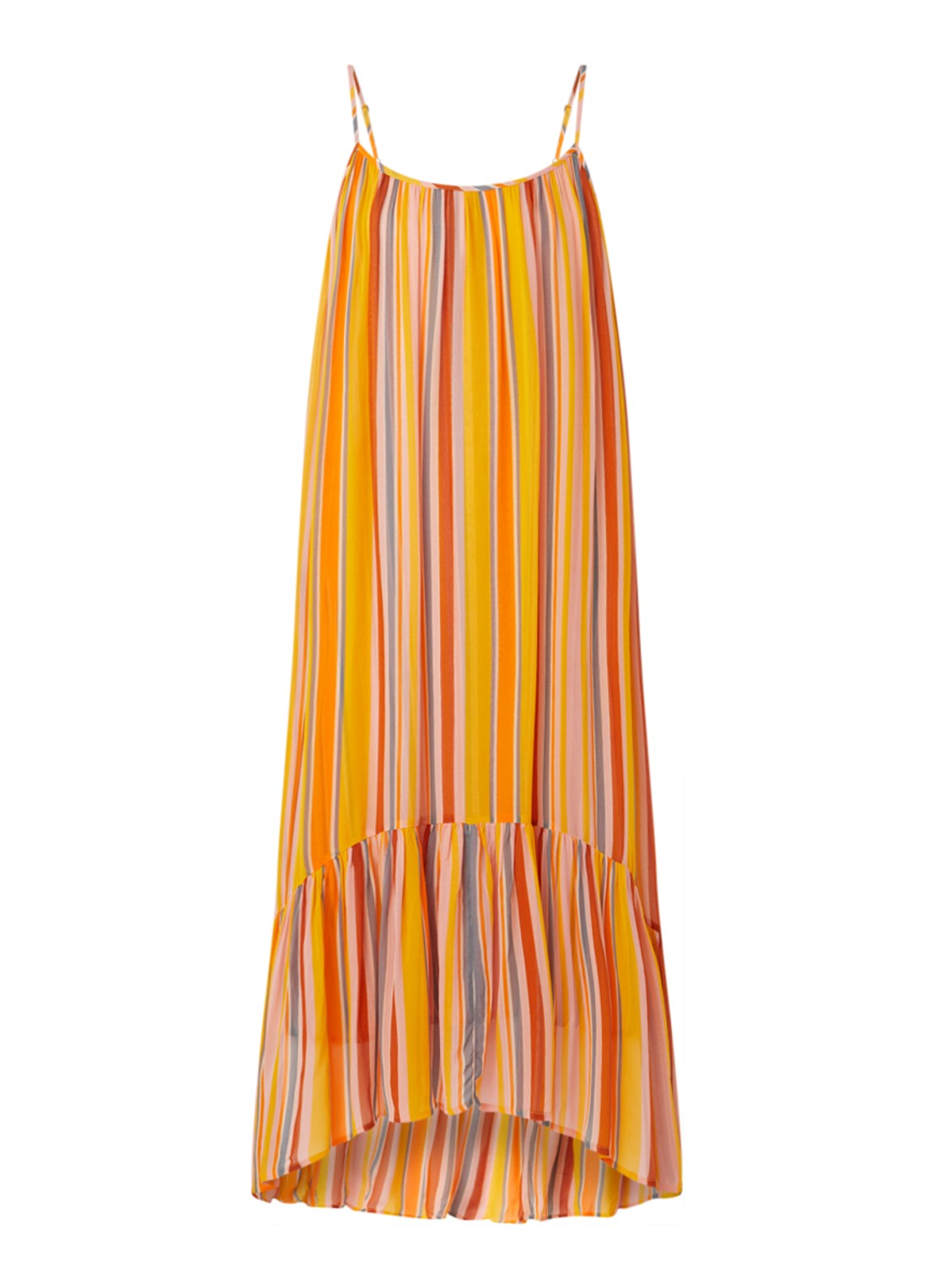 ALLSAINTS Paola maxi jurk met spaghetti bandjes en streepprint - voorkant 2 orange