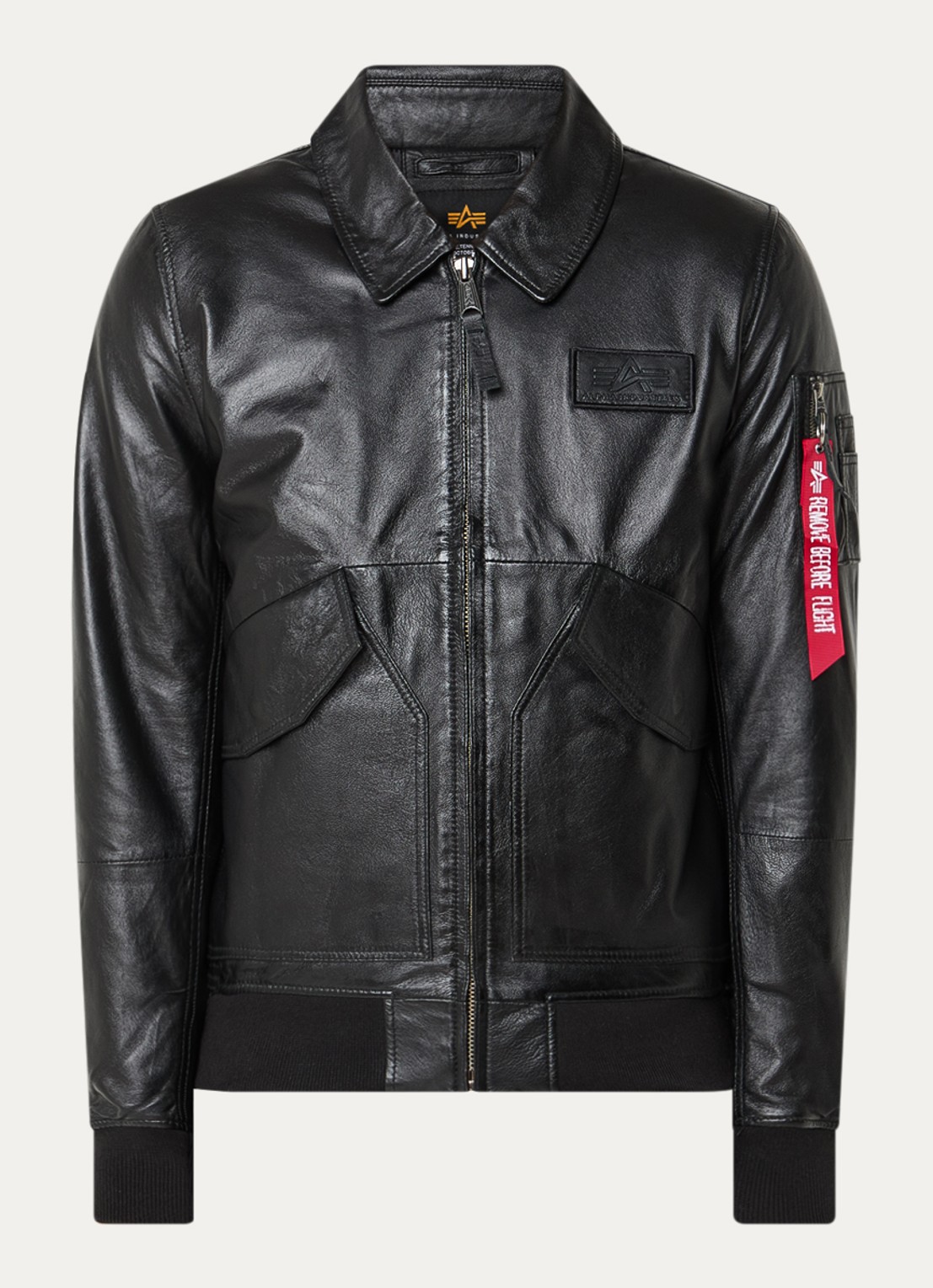 Alpha Industries CW-45 bomberjack van leer met klepzakken - voorkant 2 zwart