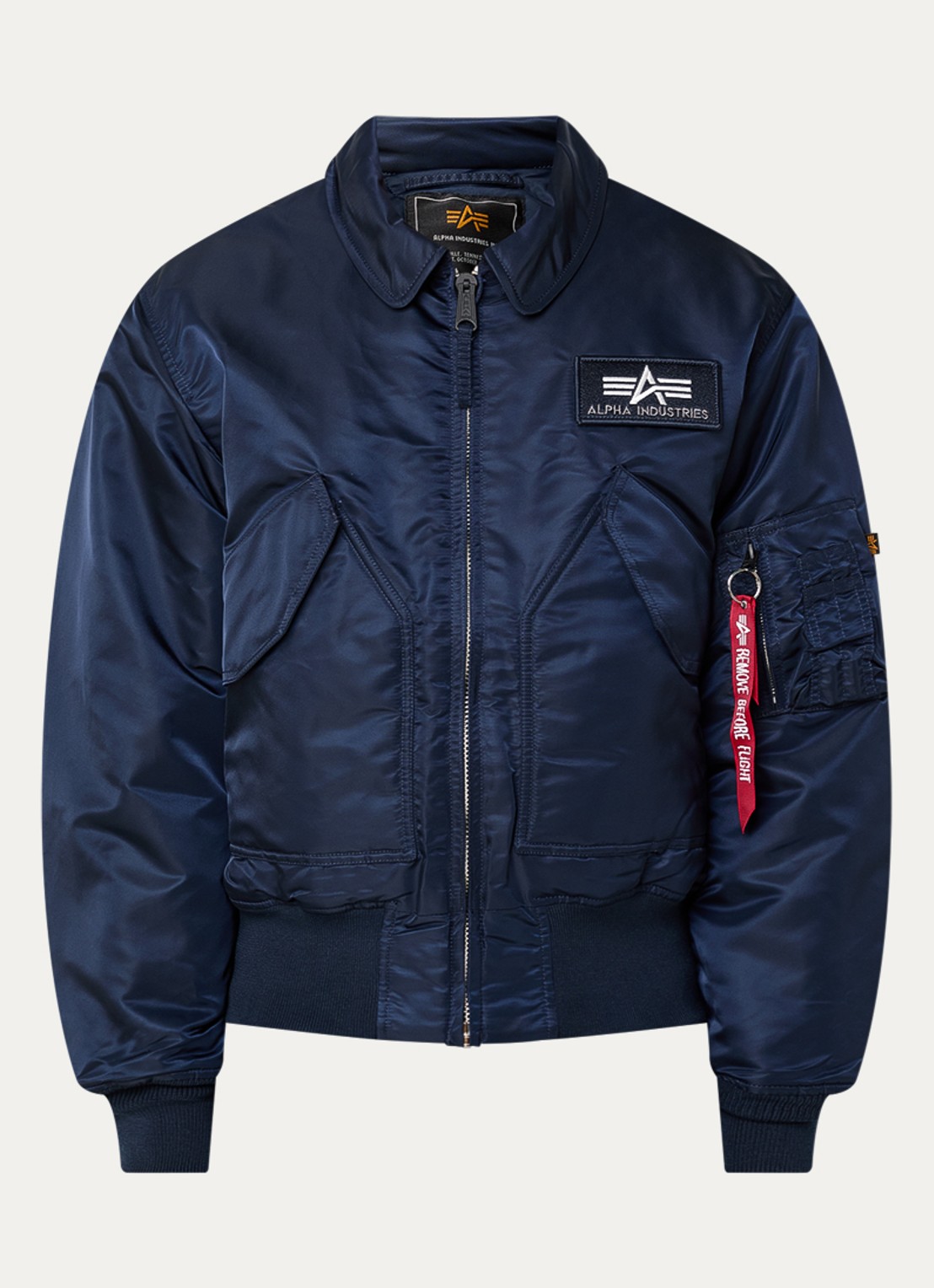 Alpha Industries CWU-45 bomberjack met logoborduring - voorkant 3 donkerblauw