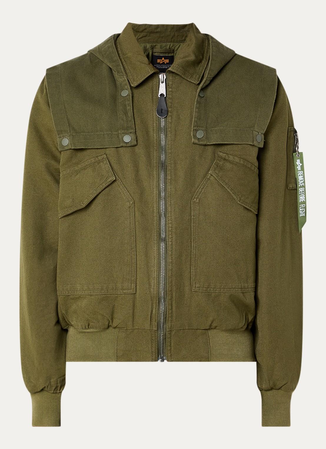 Alpha Industries CWU-45/P D-Tec gewatteerd bomberjack met capuchon - voorkant 3 olijfgroen