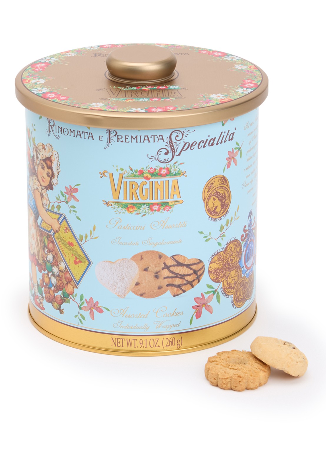 Amaretti Virginia Virginia Pasticcini koekjes in blik 260 gram - voorkant undefined