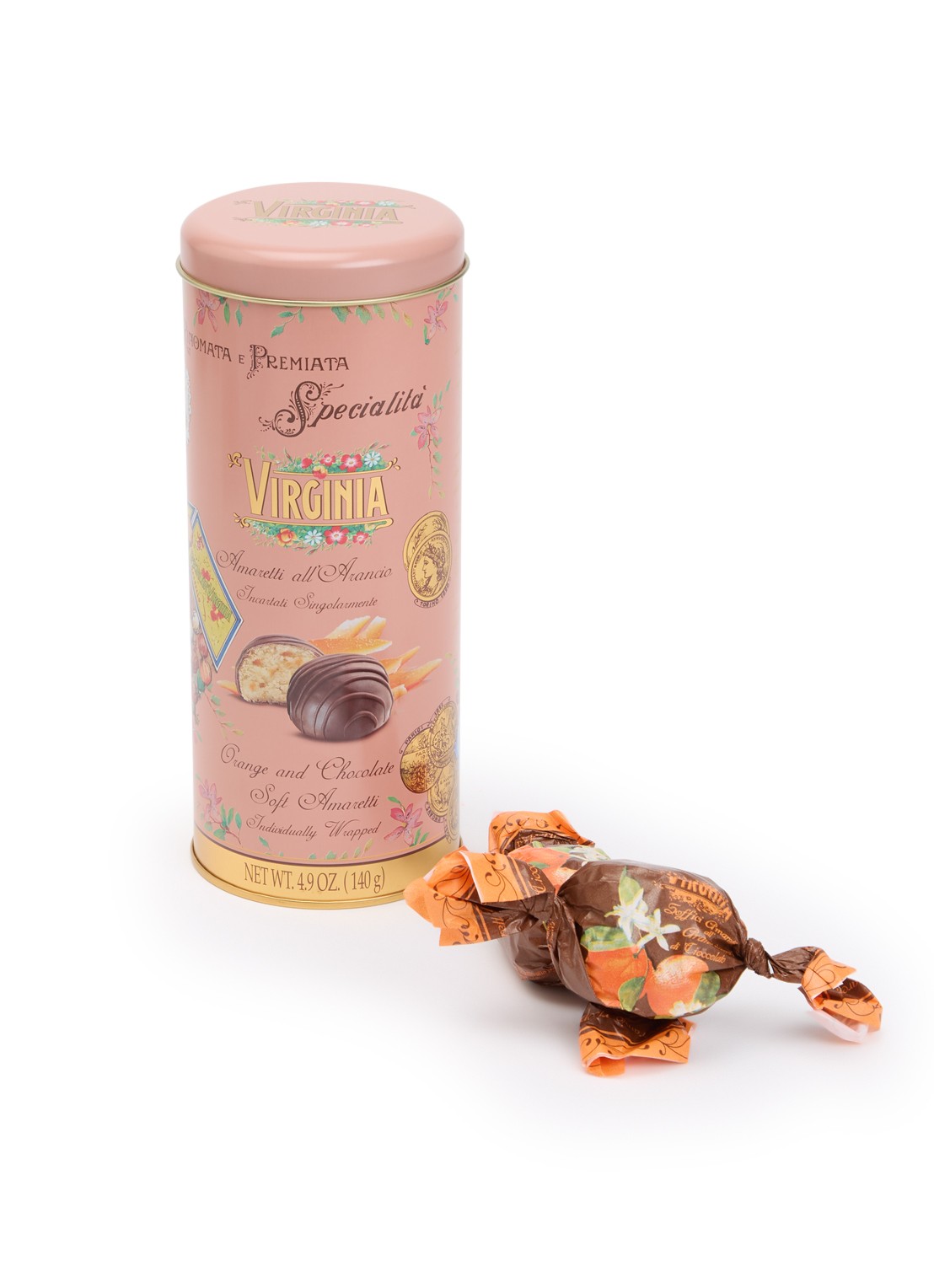 Amaretti Virginia Virginia Sinaasappel en Chocola Amaretti koekjes in blik 140 gram - voorkant undefined