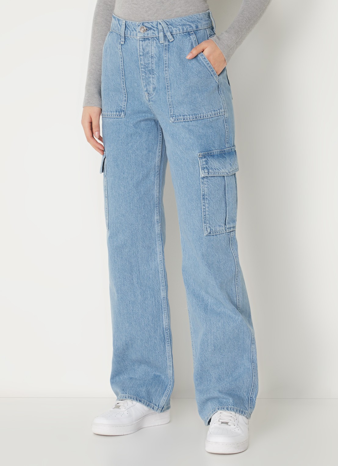 America Today Baltimore high waist straight fit cargobroek van denim - detail indigo