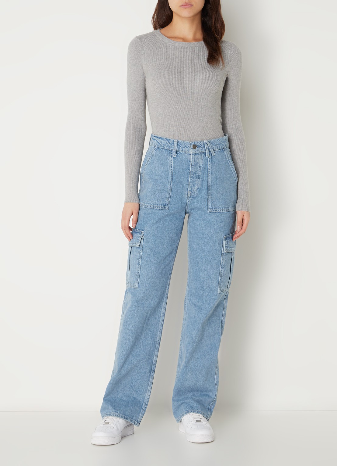 America Today Baltimore high waist straight fit cargobroek van denim - voorkant 4 indigo