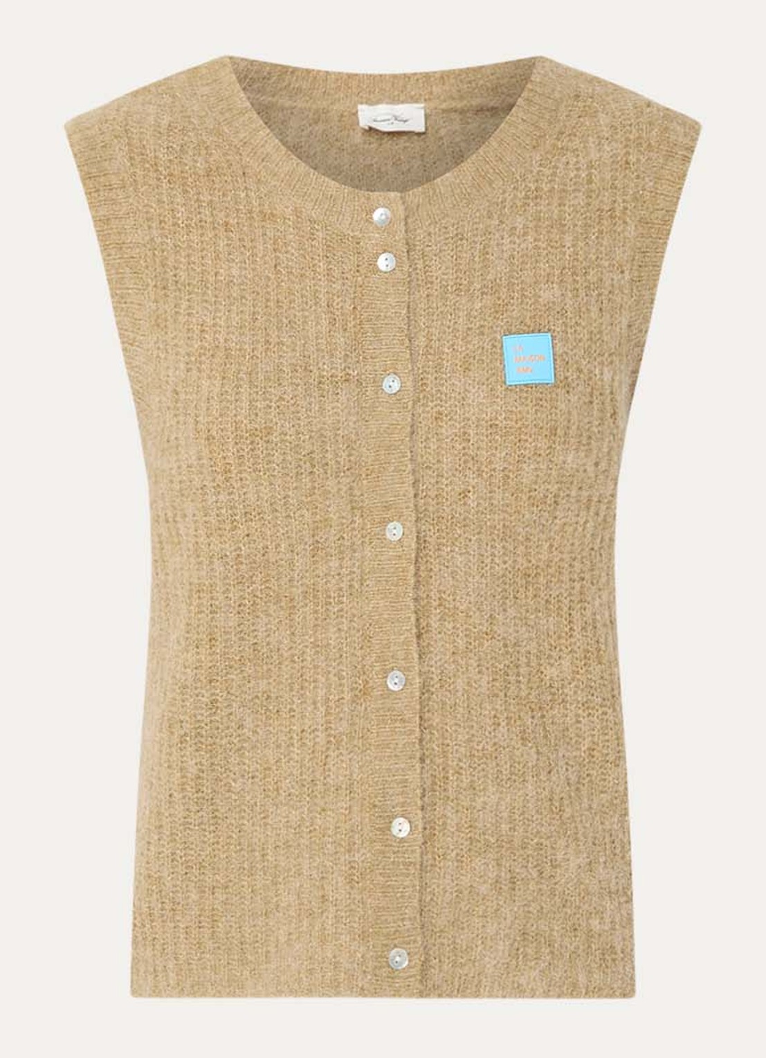 American Vintage East fijngebreid gilet in alpaca wolblend met logo - voorkant zand