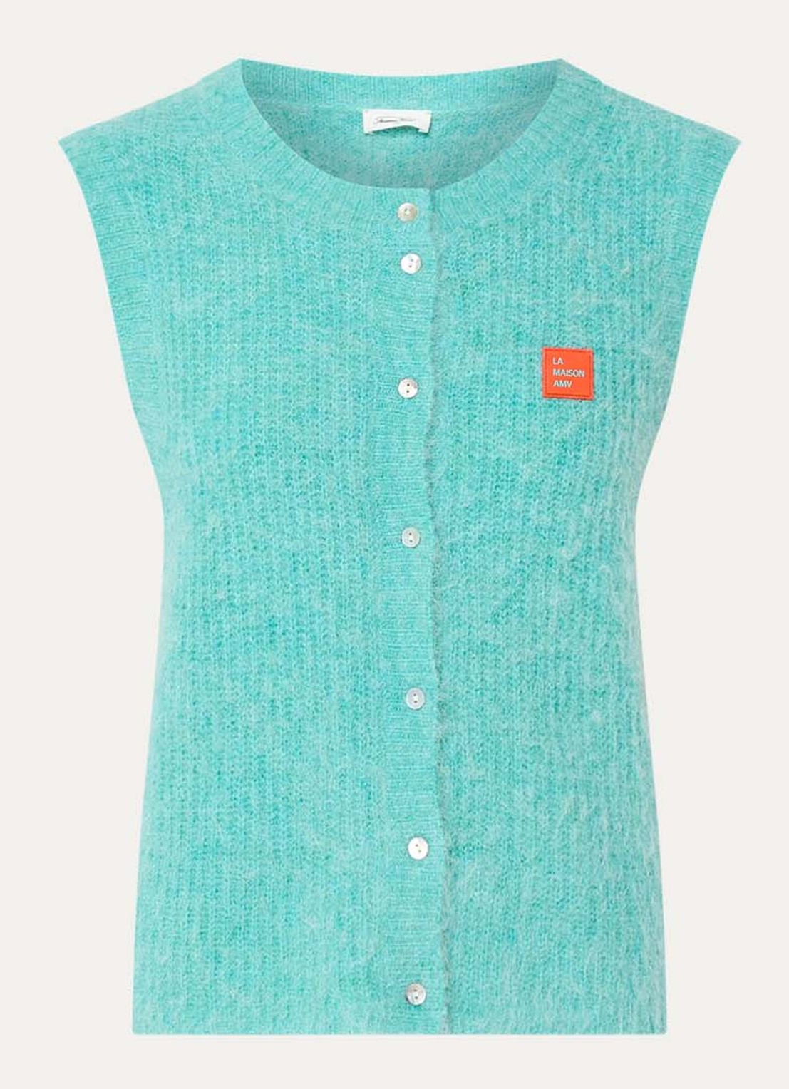 American Vintage East fijngebreid gilet in alpaca wolblend met logo - voorkant 2 turquoise