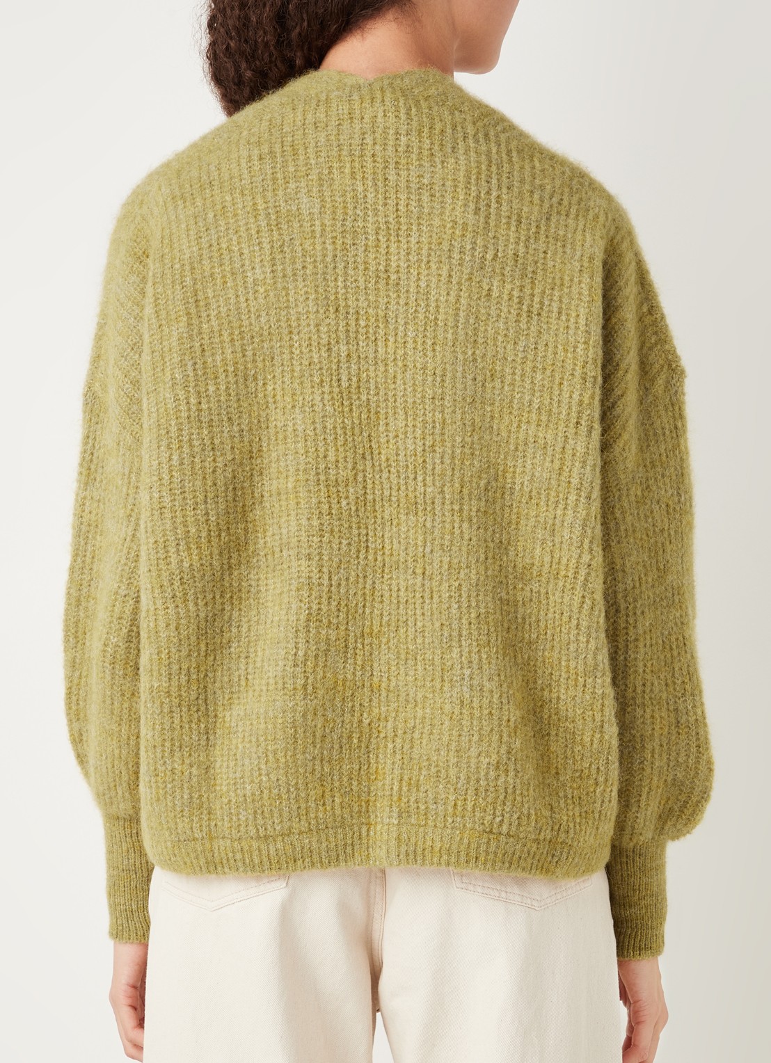 American Vintage East grofgebreid openvallend vest in alpaca wolblend - achterkant mosgroen