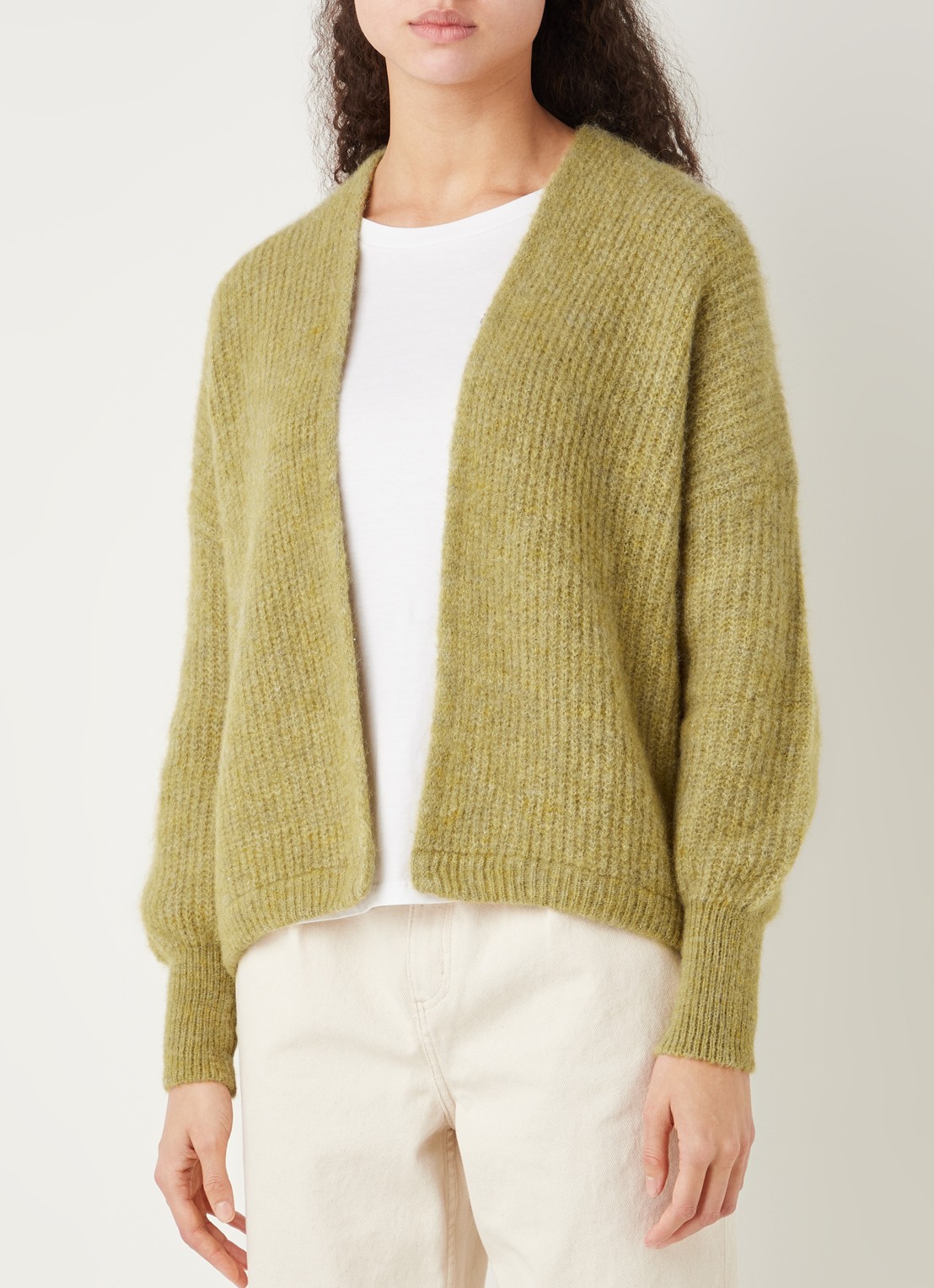 American Vintage East grofgebreid openvallend vest in alpaca wolblend - detail 2 mosgroen
