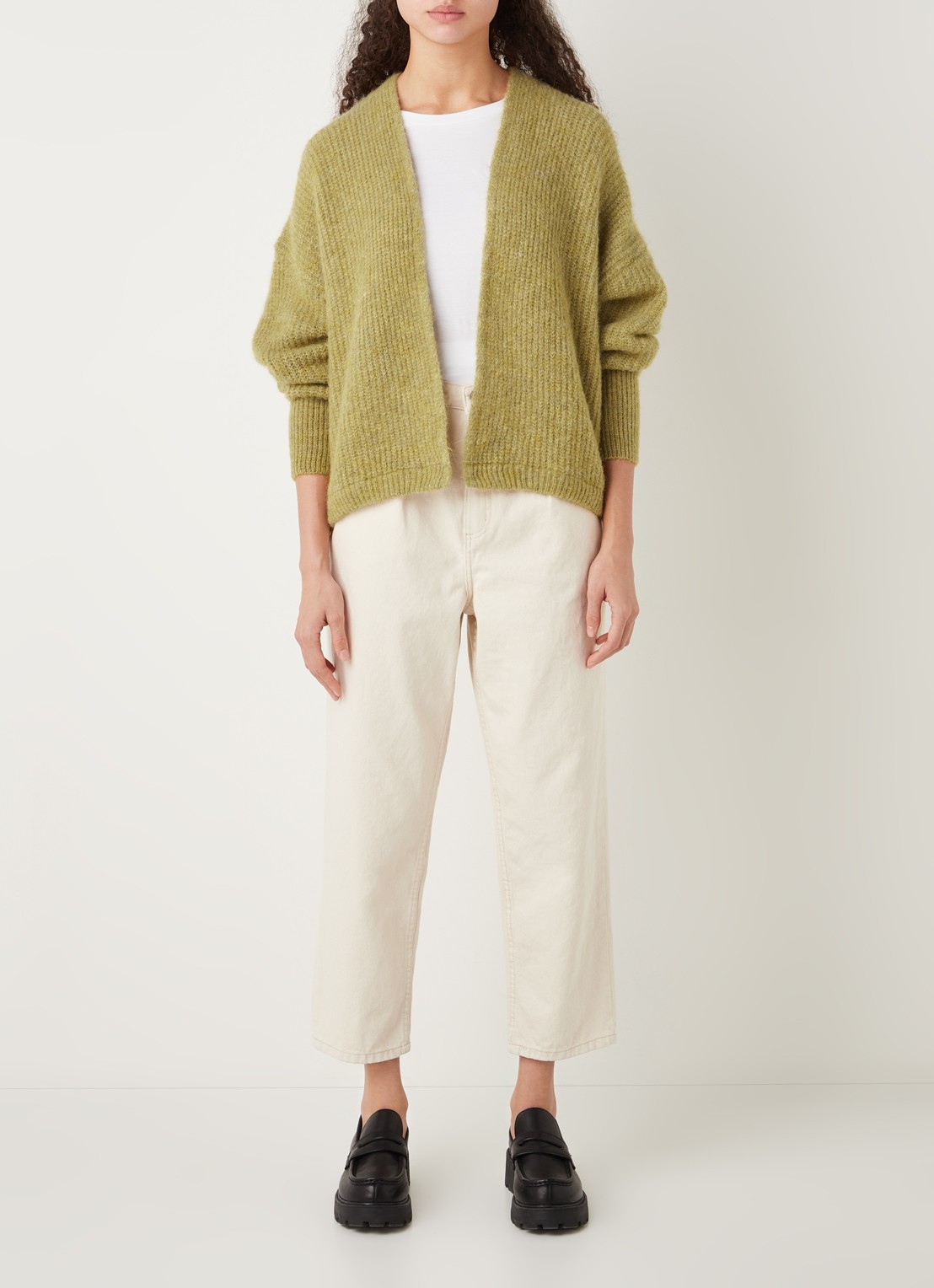 American Vintage East grofgebreid openvallend vest in alpaca wolblend - voorkant 4 mosgroen