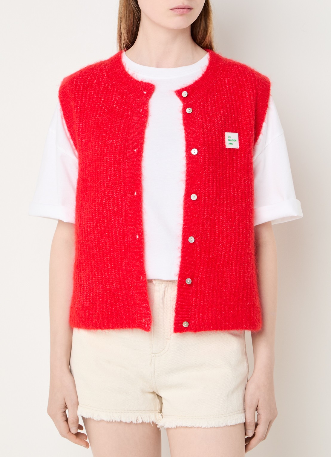 American Vintage Fijngebreid gilet in alpaca wolblend - detail 3 rood