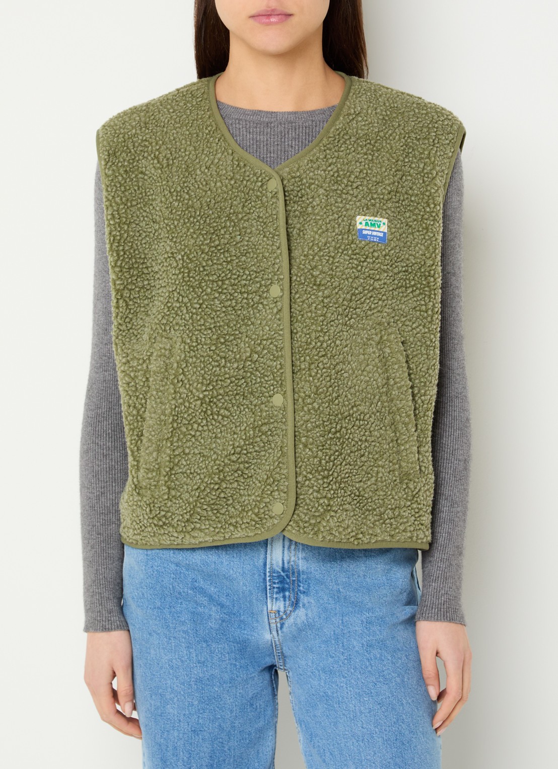 American Vintage Hoktown gilet van teddy met ritszakken - detail khaki
