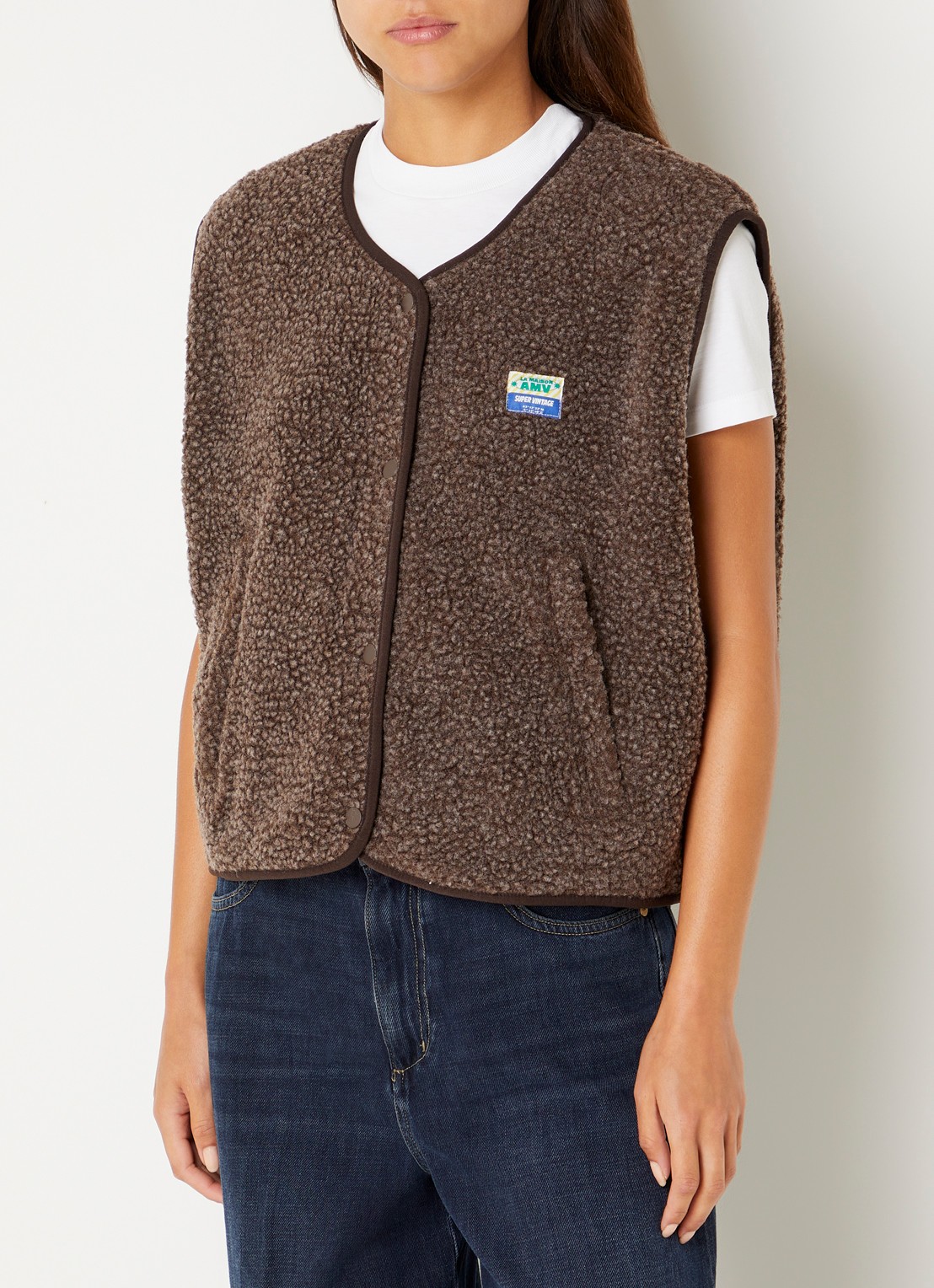 American Vintage Hoktown gilet van teddy met ritszakken - detail bruin