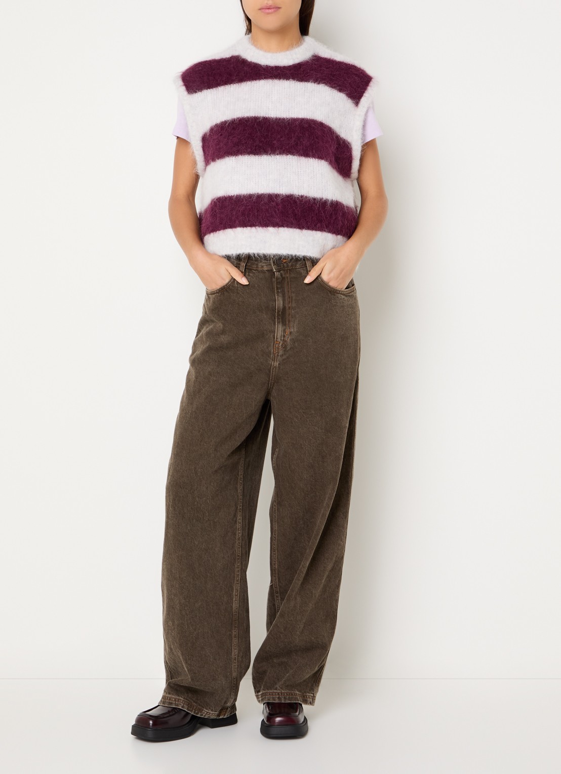 American Vintage Nibyra grofgebreide spencer in wolblend met streepprint - voorkant 4 aubergine