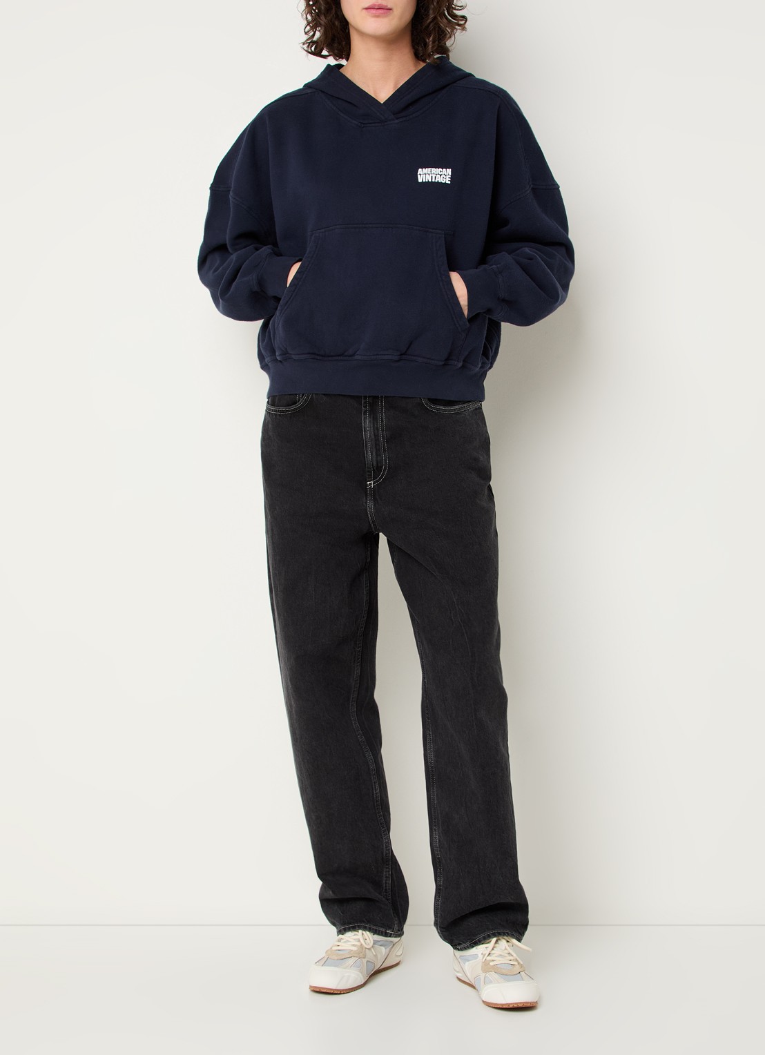 American Vintage Plizzy hoodie met logo  - voorkant 2 donkerblauw