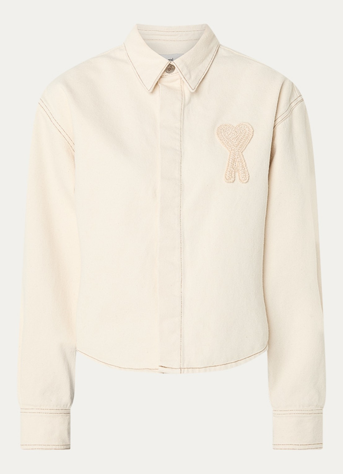 AMI Paris Cropped blouse van denim met logoborduring  - voorkant 3 gebroken wit