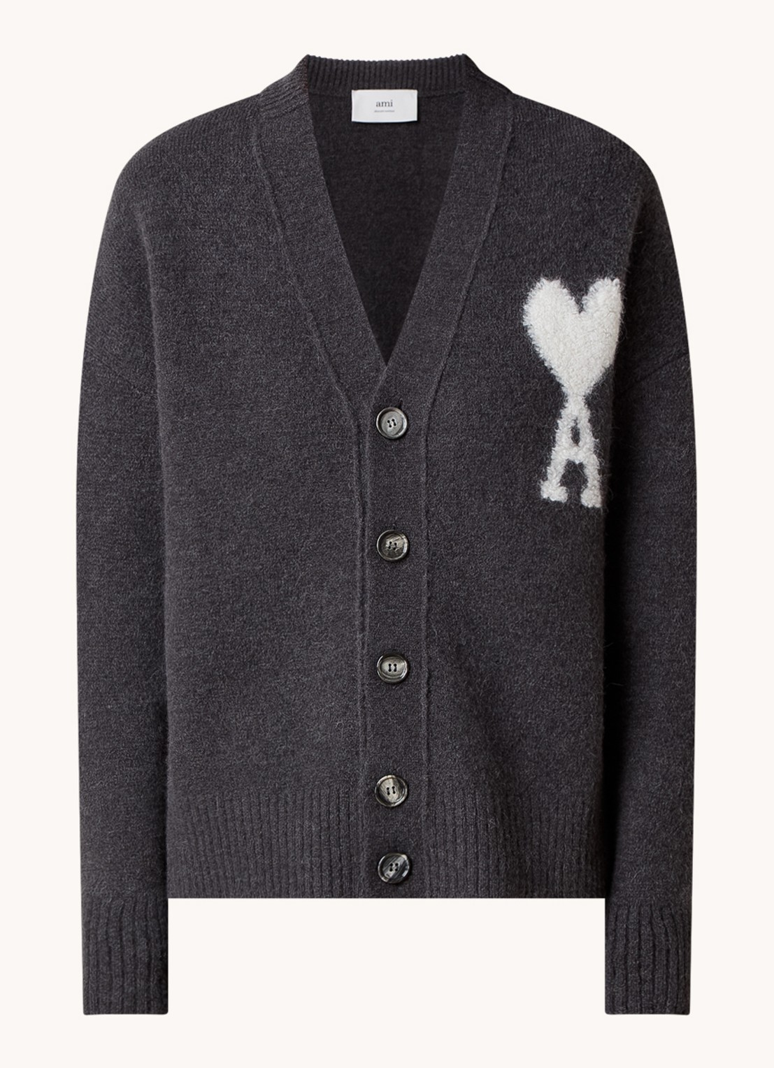 AMI Paris Fijngebreid vest in wolblend met ingebreid logo - voorkant 4 donkergrijs