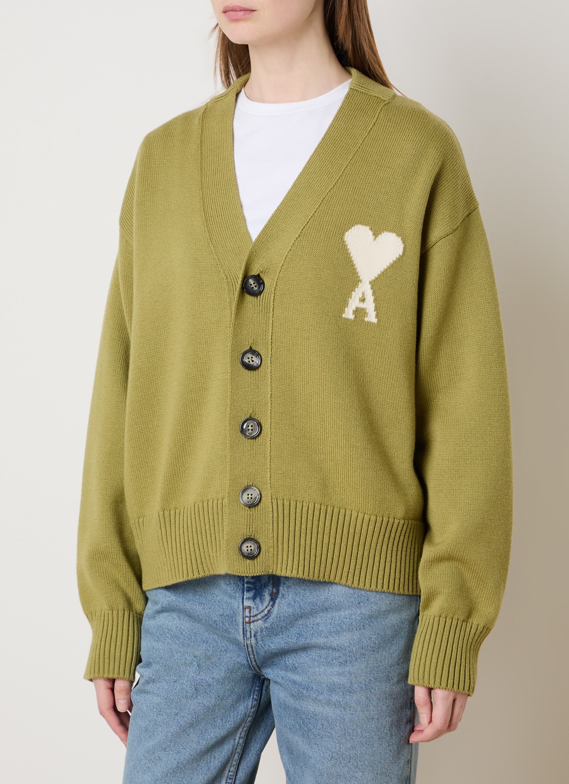 AMI Paris Fijngebreid vest in wolblend met logo - detail 4 lichtgroen
