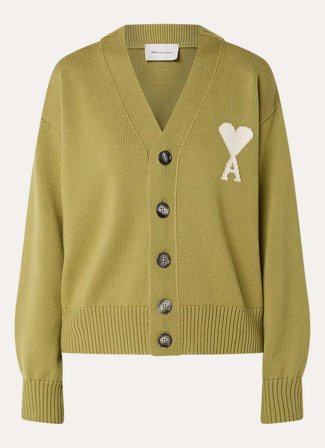AMI Paris Fijngebreid vest in wolblend met logo - voorkant 2 lichtgroen