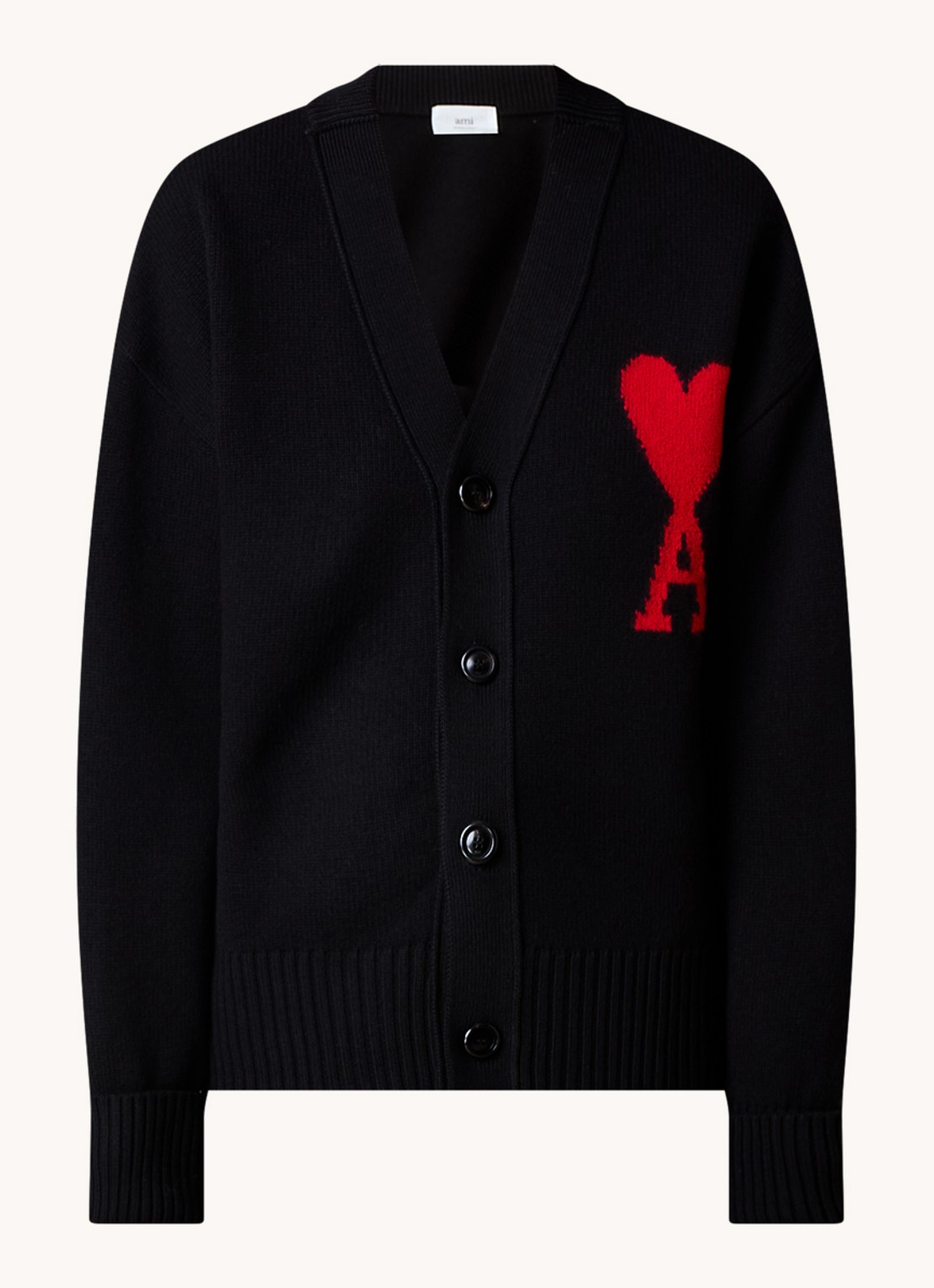 AMI Paris Fijngebreid vest van wol met ingebreid logo - voorkant 2 zwart