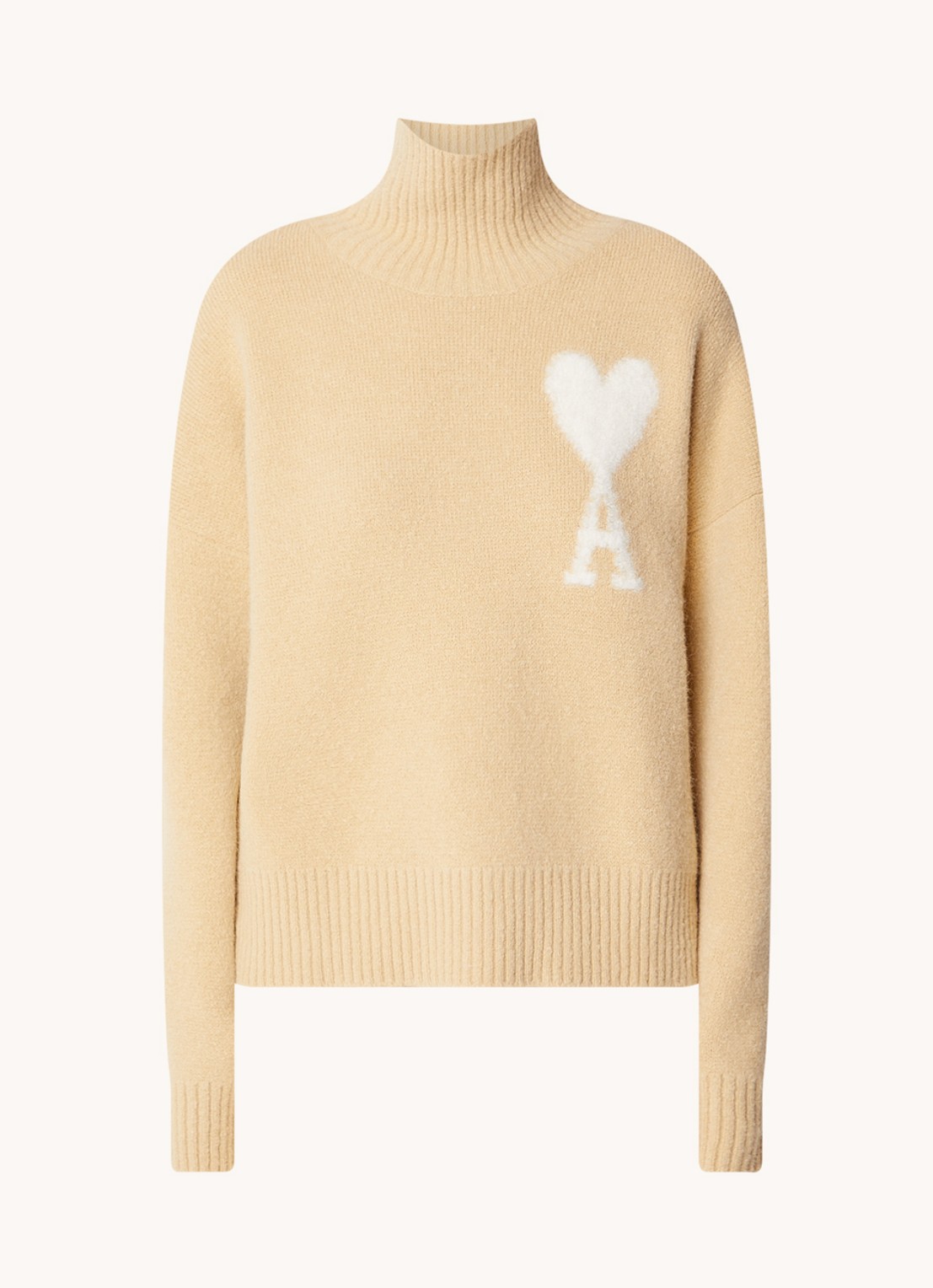 AMI Paris Fijngebreide coltrui in alpaca wolblend met ingebreid logo - voorkant 4 beige