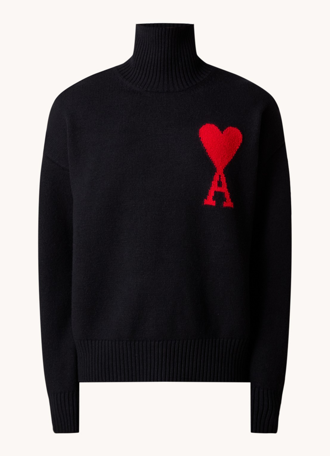 AMI Paris Fijngebreide coltrui van scheerwol met ingebreid logo - voorkant 4 zwart