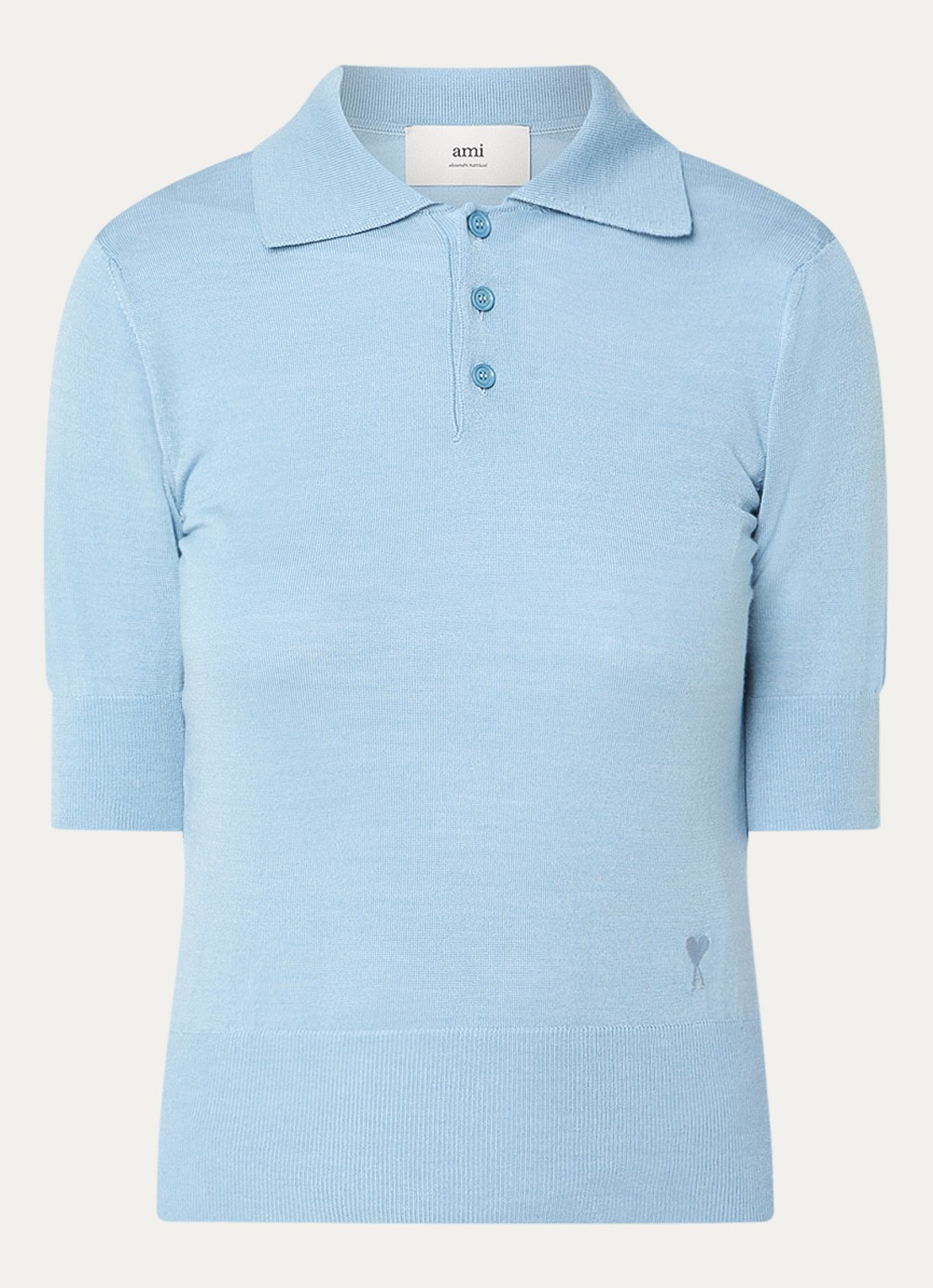 AMI Paris Fijngebreide polo in zijdeblend met logoborduring - voorkant 4 staalblauw