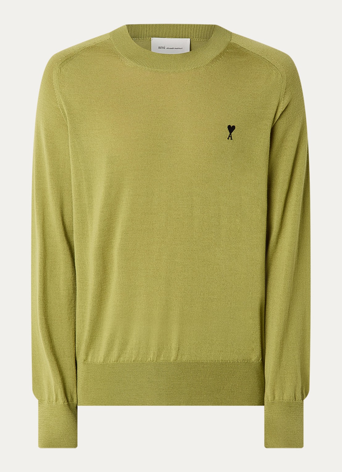 AMI Paris Fijngebreide pullover van merino wol met logoborduring - voorkant mosgroen