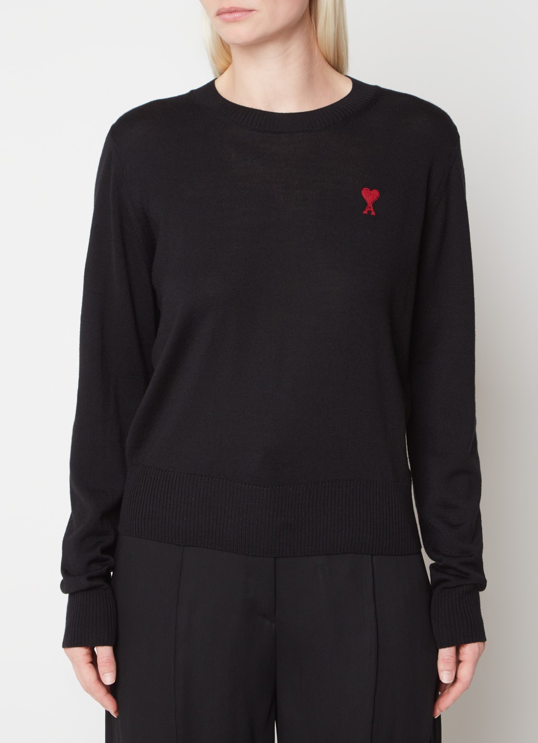 AMI Paris Fijngebreide pullover van wol met logo - detail 4 zwart