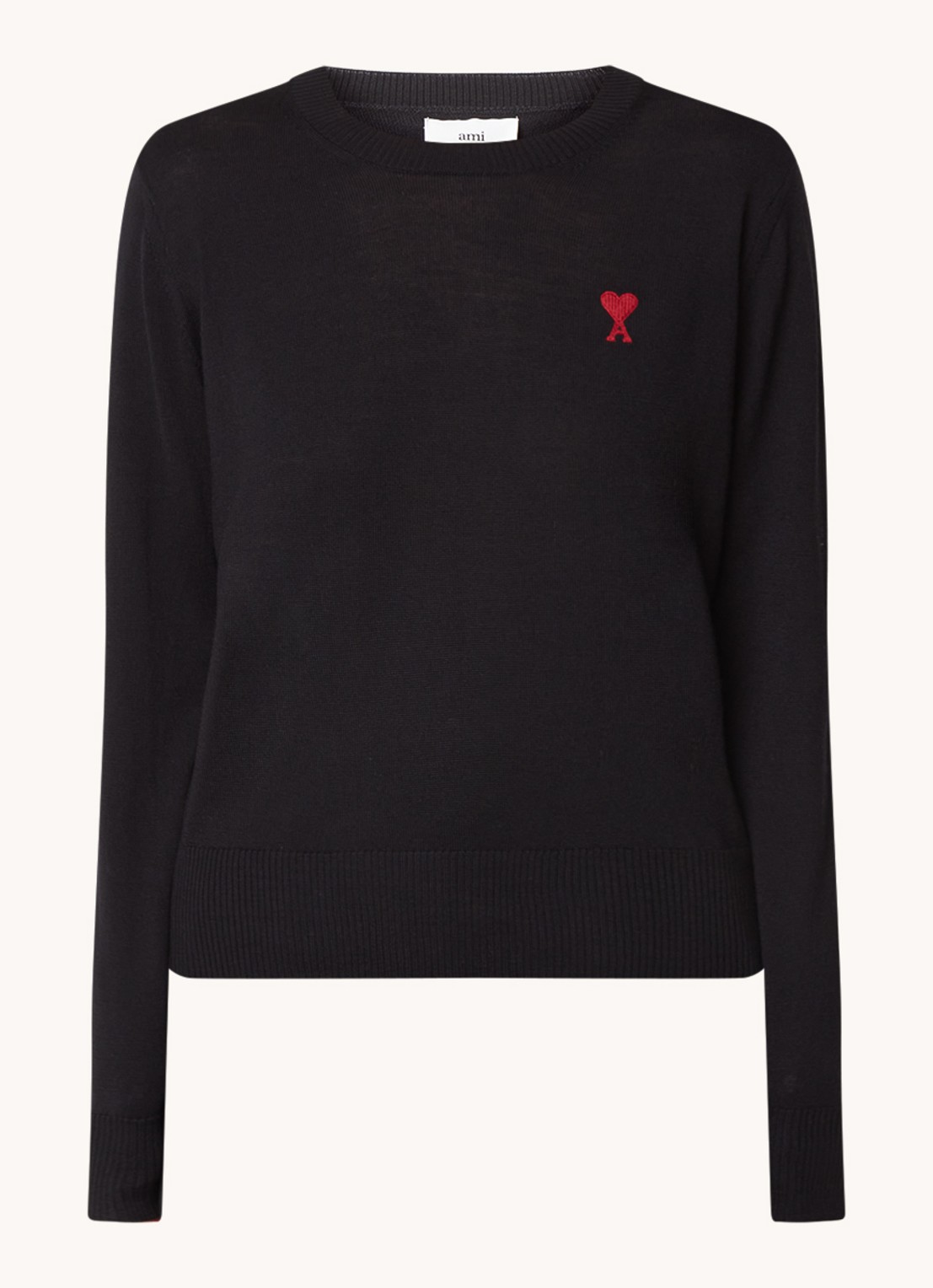 AMI Paris Fijngebreide pullover van wol met logo - voorkant zwart
