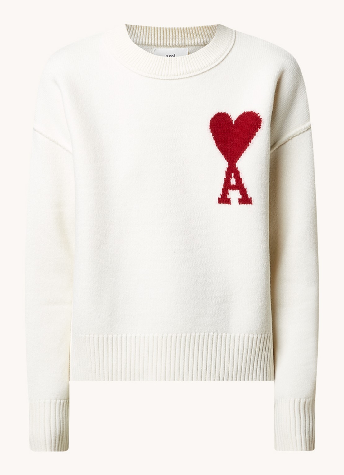 AMI Paris Fijngebreide pullover van wol met logo - voorkant gebroken wit